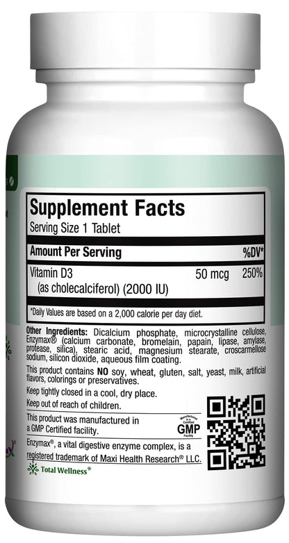 Maxi-Health Vitamin D3 2000 IU - For Healthy Muscle Function, Bone Health and Immune Support – 90 Tablets – Best Kosher Supplement For Adults