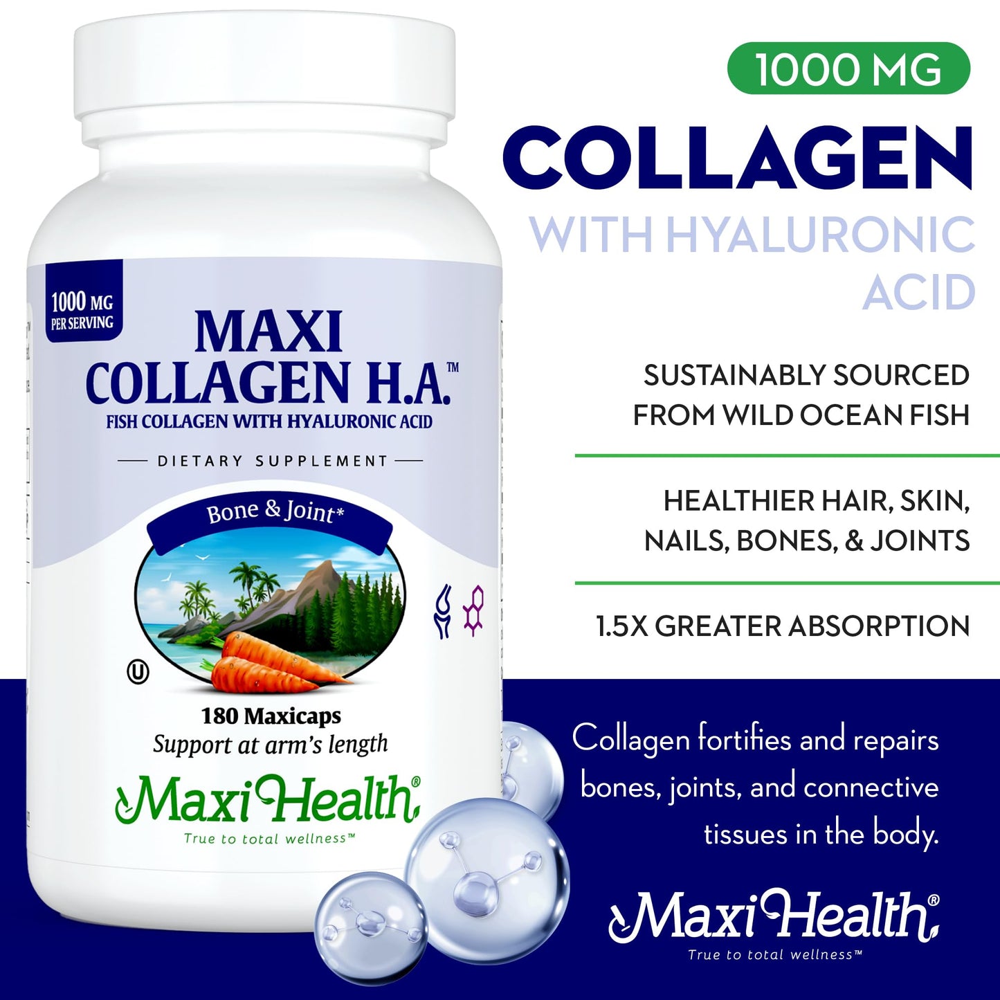 Maxi Health Marine Collagen Pills – 1000 mg Type 1 + Hyaluronic Acid (180 Maxicaps)