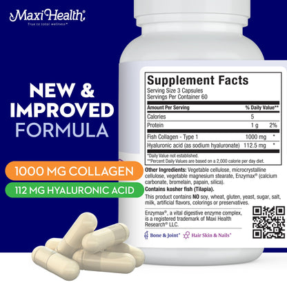 Maxi Health Marine Collagen Pills – 1000 mg Type 1 + Hyaluronic Acid (180 Maxicaps)