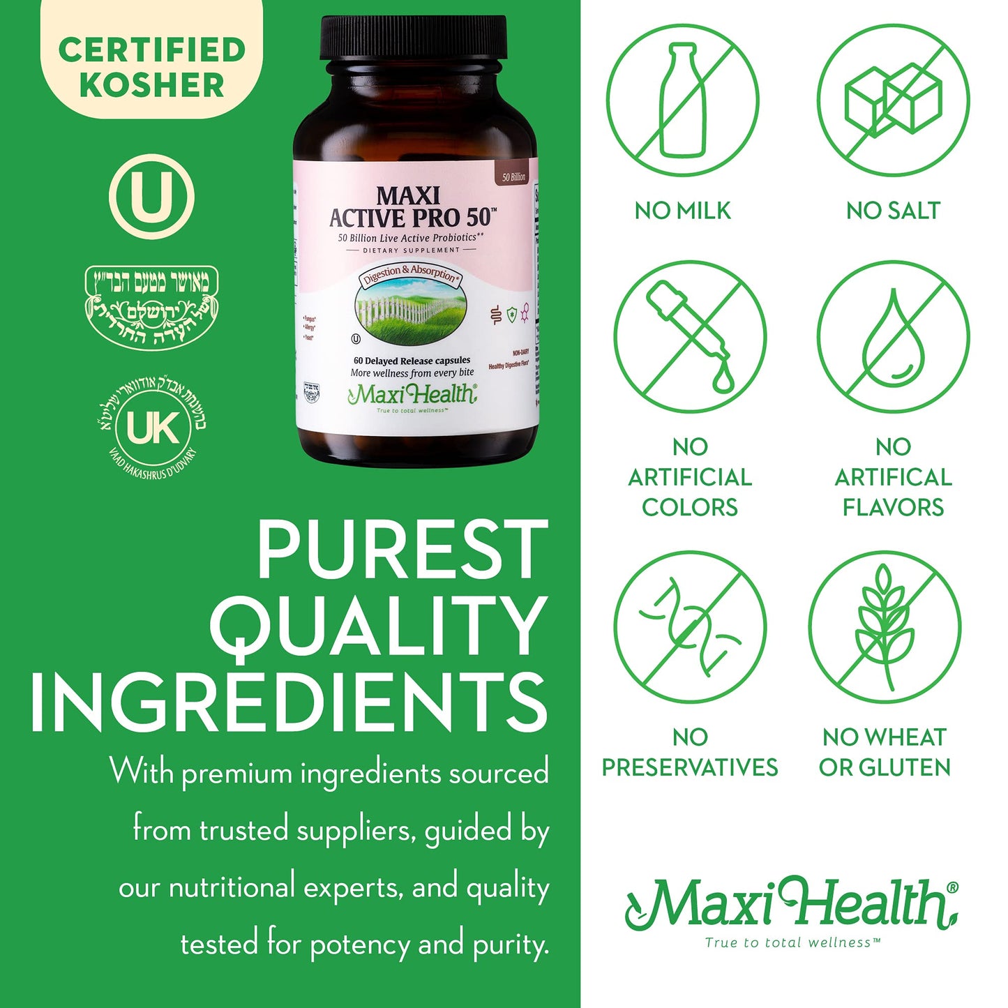 Maxi Health Probiotic Plus Ultimate Prebiotic - 50B Live Probiotics, 15 Strains, Ultra Protection | 60 Count