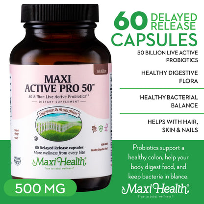 Maxi Health Probiotic Plus Ultimate Prebiotic - 50B Live Probiotics, 15 Strains, Ultra Protection | 60 Count