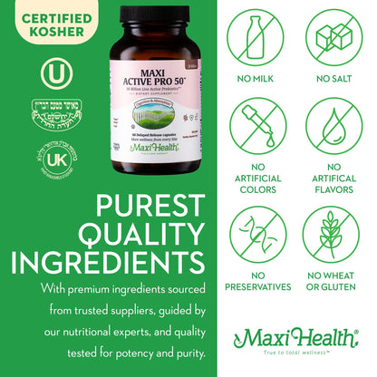 Maxi Health Probiotic Plus Ultimate Prebiotic - 50B Live Probiotics, 15 Strains, Ultra Protection | 60 Count