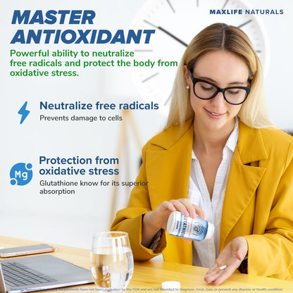 MAXLIFE NATURALS S-Acetyl L-Glutathione 300mg – 60 Acid-Resistant Capsules, High Bioavailability