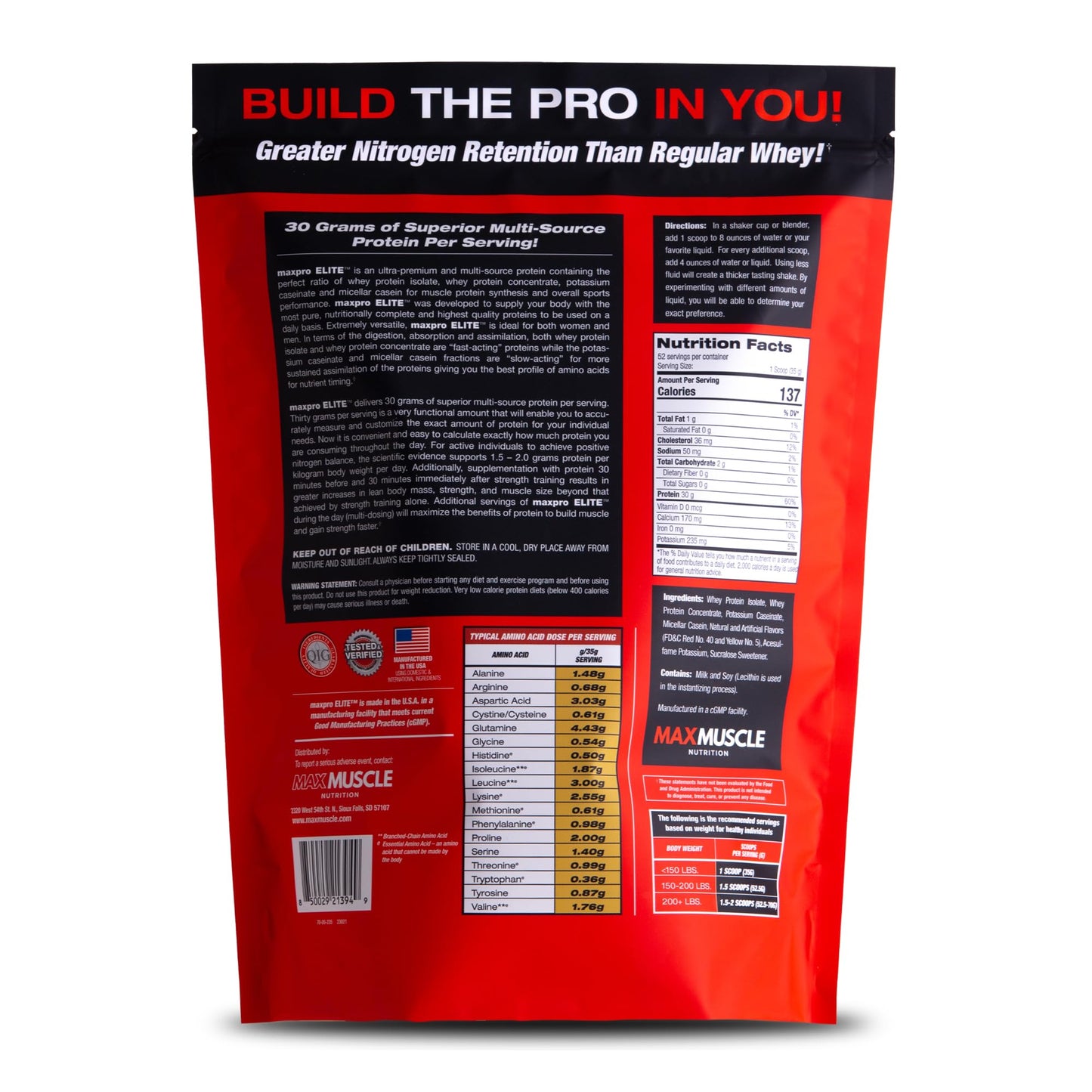 Max Muscle MaxPro Elite Whey Protein Powder – 30g Protein, 0g Sugar, 6.6g BCAAs, Strawberry Banana (4lb)