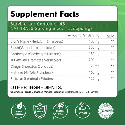 Mushroom Matcha Adaptogenic Blend – 7 Mushrooms + Ceremonial Grade Matcha, 45 Servings