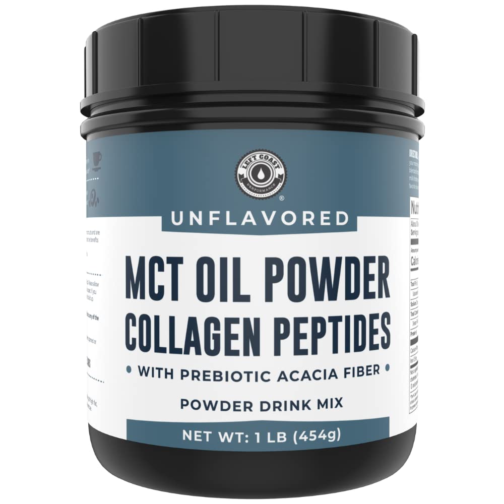Left Coast Performance MCT Oil Powder with Acacia Fiber & Collagen Peptides – Prebiotic Collagen Protein, 10g MCTs from Coconut, Sugar Free Keto Coffee Creamer, Grass Fed, Unflavored, Gluten Free, 16 oz