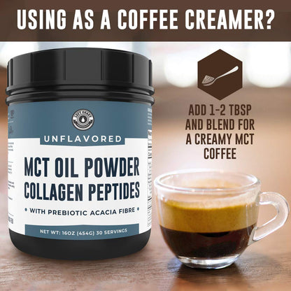Left Coast Performance MCT Oil Powder with Acacia Fiber & Collagen Peptides – Prebiotic Collagen Protein, 10g MCTs from Coconut, Sugar Free Keto Coffee Creamer, Grass Fed, Unflavored, Gluten Free, 16 oz