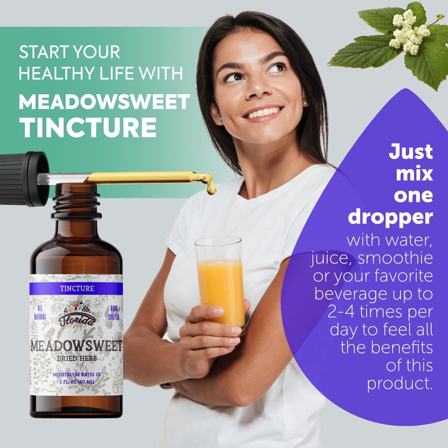 Meadowsweet Tincture Extract – Organic Meadowsweet (Filipendula Ulmaria) in Cold-Pressed Vegetable Glycerin