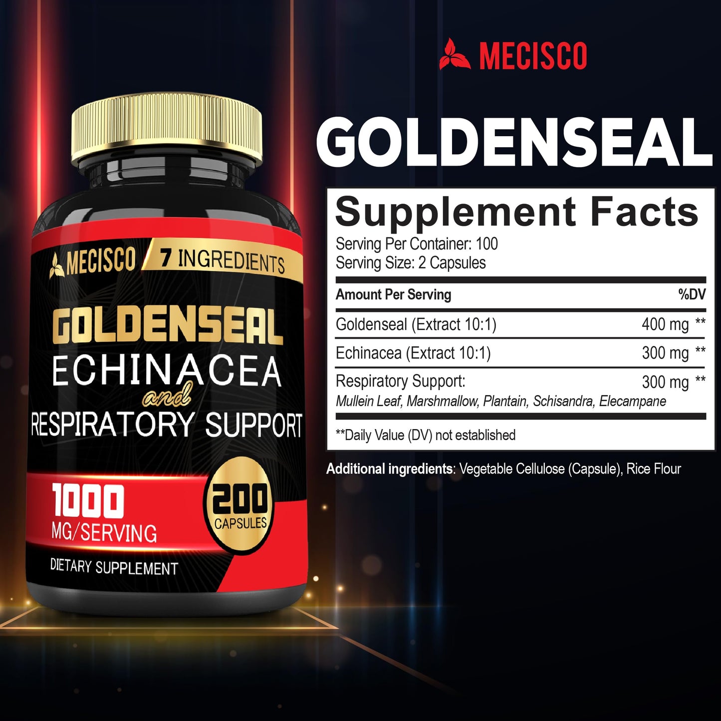 Mecisco Goldenseal Root Capsule Organic with Echinacea - Immune & Digestive Support (200 Capsules)