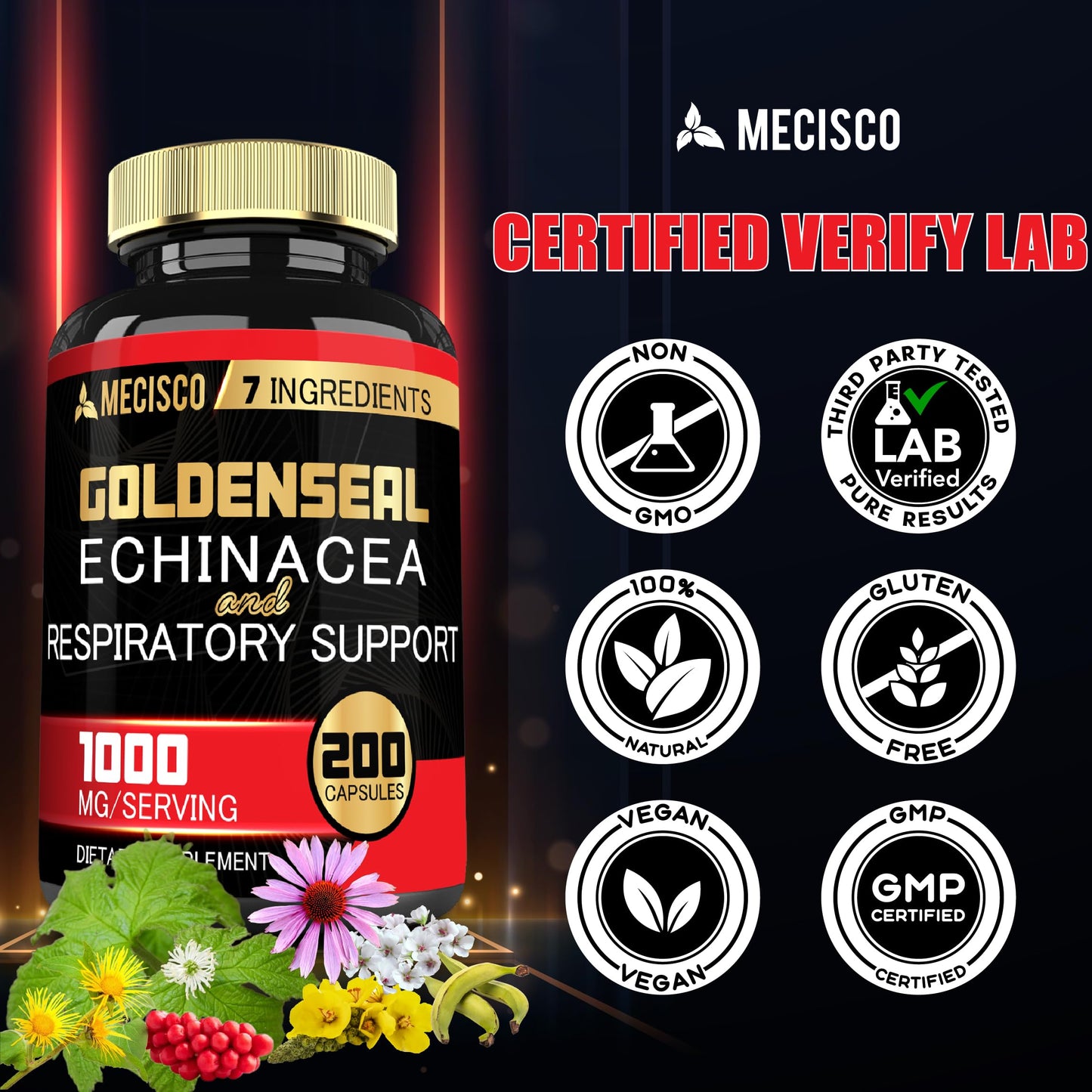 Mecisco Goldenseal Root Capsule Organic with Echinacea - Immune & Digestive Support (200 Capsules)