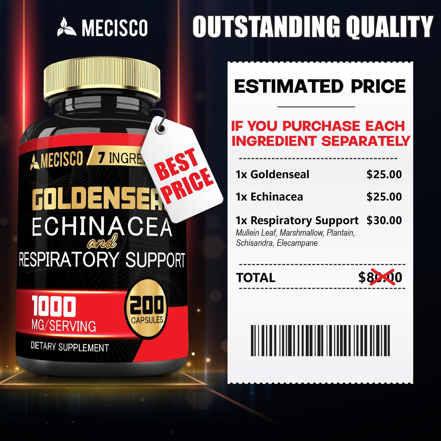 Mecisco Goldenseal Root Capsule Organic with Echinacea - Immune & Digestive Support (200 Capsules)