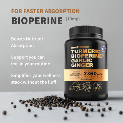 MEDCHOICE 4-in-1 Turmeric and Garlic with BioPerine – 2360mg Turmeric Ginger Capsules, 120 Count (Pack of 2)