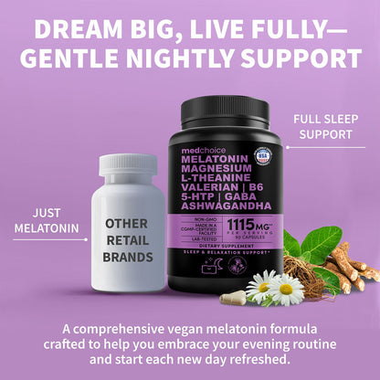 MEDCHOICE 12-in-1 Melatonin Sleep Capsules – 5 mg Melatonin & 500 mg Magnesium Glycinate (90ct, Pack of 3)