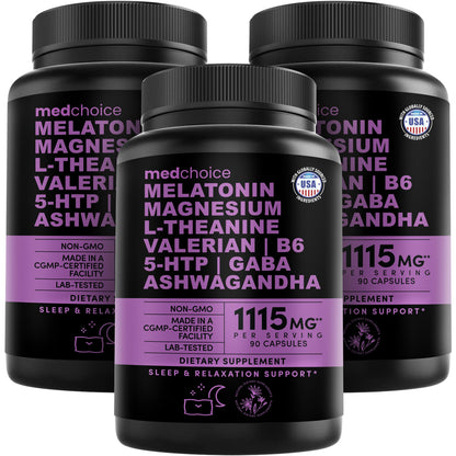MEDCHOICE 12-in-1 Melatonin Sleep Capsules – 5 mg Melatonin & 500 mg Magnesium Glycinate (90ct, Pack of 3)