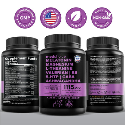 MEDCHOICE 12-in-1 Melatonin Sleep Capsules – 5 mg Melatonin & 500 mg Magnesium Glycinate (90ct, Pack of 3)