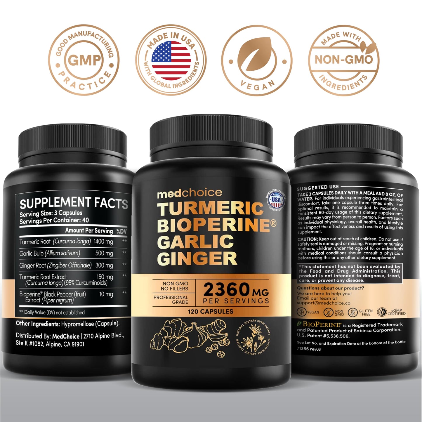 MEDCHOICE 4-in-1 Turmeric and Garlic with BioPerine – 2360mg Turmeric Ginger Capsules, 120 Count (Pack of 2)