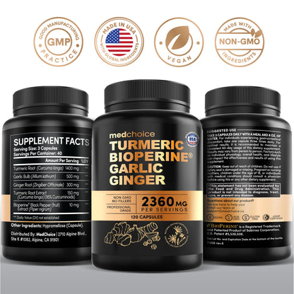 MEDCHOICE 4-in-1 Turmeric and Garlic with BioPerine – 2360mg Turmeric Ginger Capsules, 120 Count (Pack of 2)