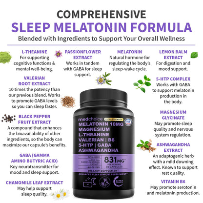 MEDCHOICE 12-in-1 Melatonin Sleep Capsules - 10mg Extra Strength with Magnesium, Ashwagandha, GABA (180 capsules, Pack of 2)