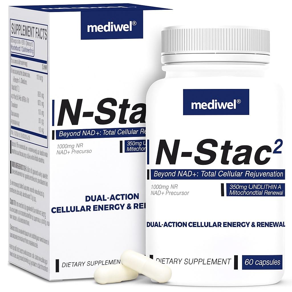 MEDIWEL N-Stac2 NAD+ Supplement – 1000mg NR + Urolithin A, 60 Capsules