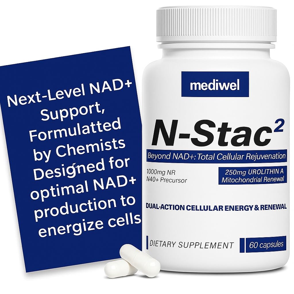 MEDIWEL N-Stac2 NAD+ Supplement – 1000mg NR + Urolithin A, 60 Capsules