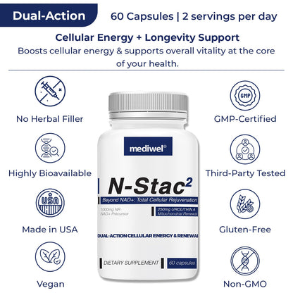 MEDIWEL N-Stac2 NAD+ Supplement – 1000mg NR + Urolithin A, 60 Capsules