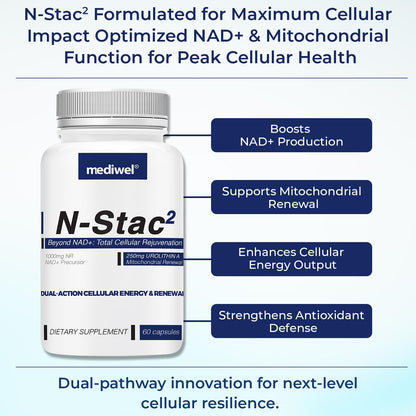 MEDIWEL N-Stac2 NAD+ Supplement – 1000mg NR + Urolithin A, 60 Capsules
