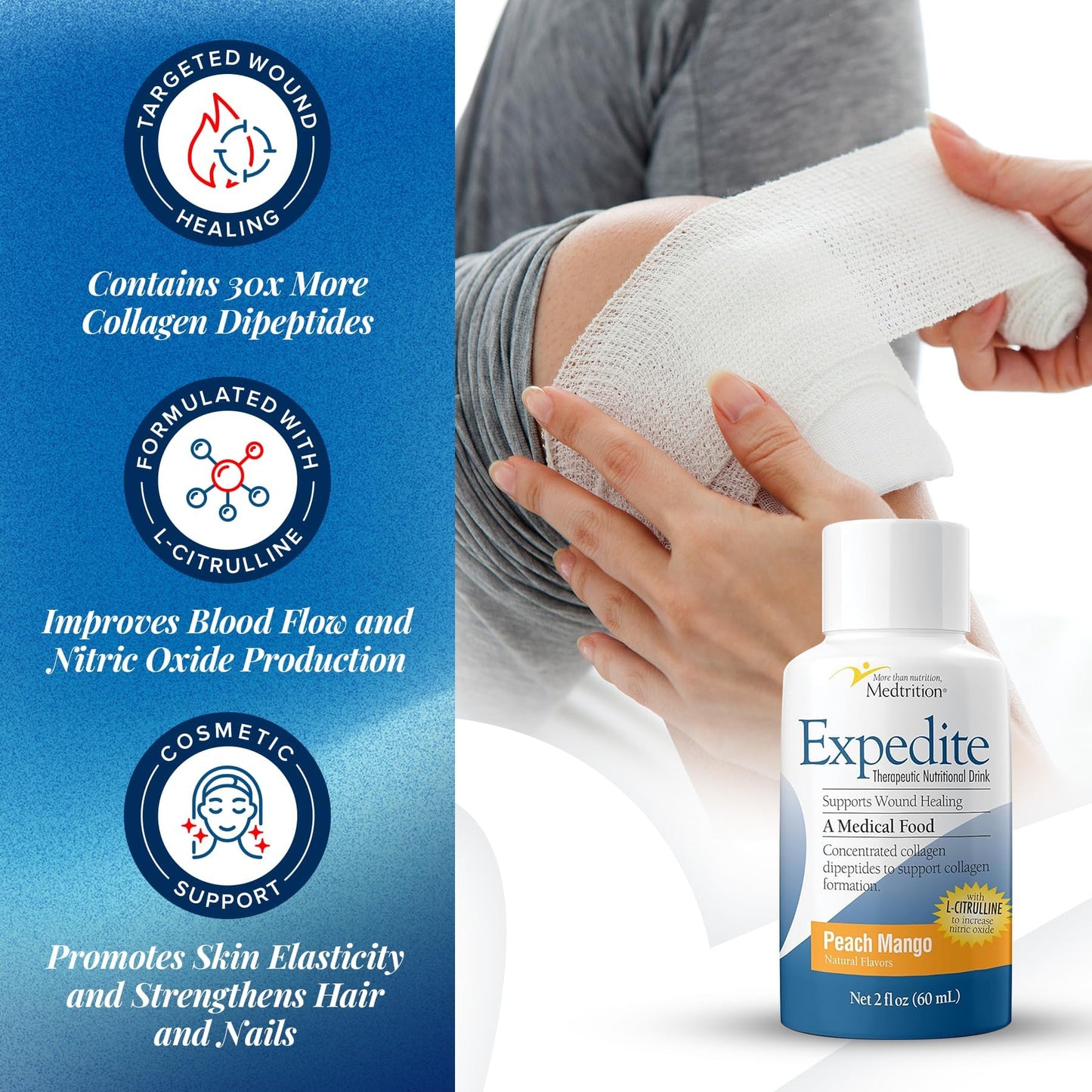 Medtrition Expedite Liquid Collagen – Peach Mango, 2 oz, Pack of 24 | Post-Surgery Recovery Nutrition