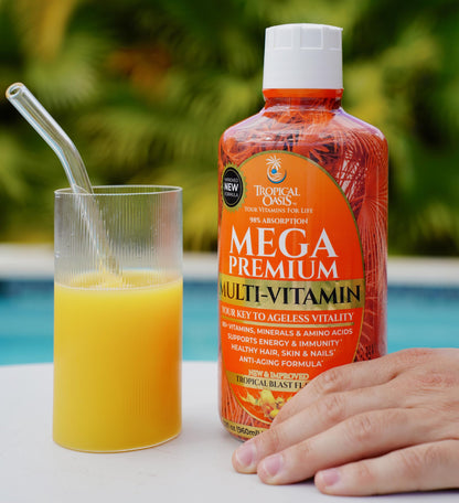 Tropical Oasis Mega Premium Liquid Multivitamin – 1333% Vitamin C, 200% Vitamin D3, Zinc | 32 Servings | Sugar Free | Orange
