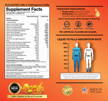 Tropical Oasis Mega Premium Liquid Multivitamin – 1333% Vitamin C, 200% Vitamin D3, Zinc | 32 Servings | Sugar Free | Orange
