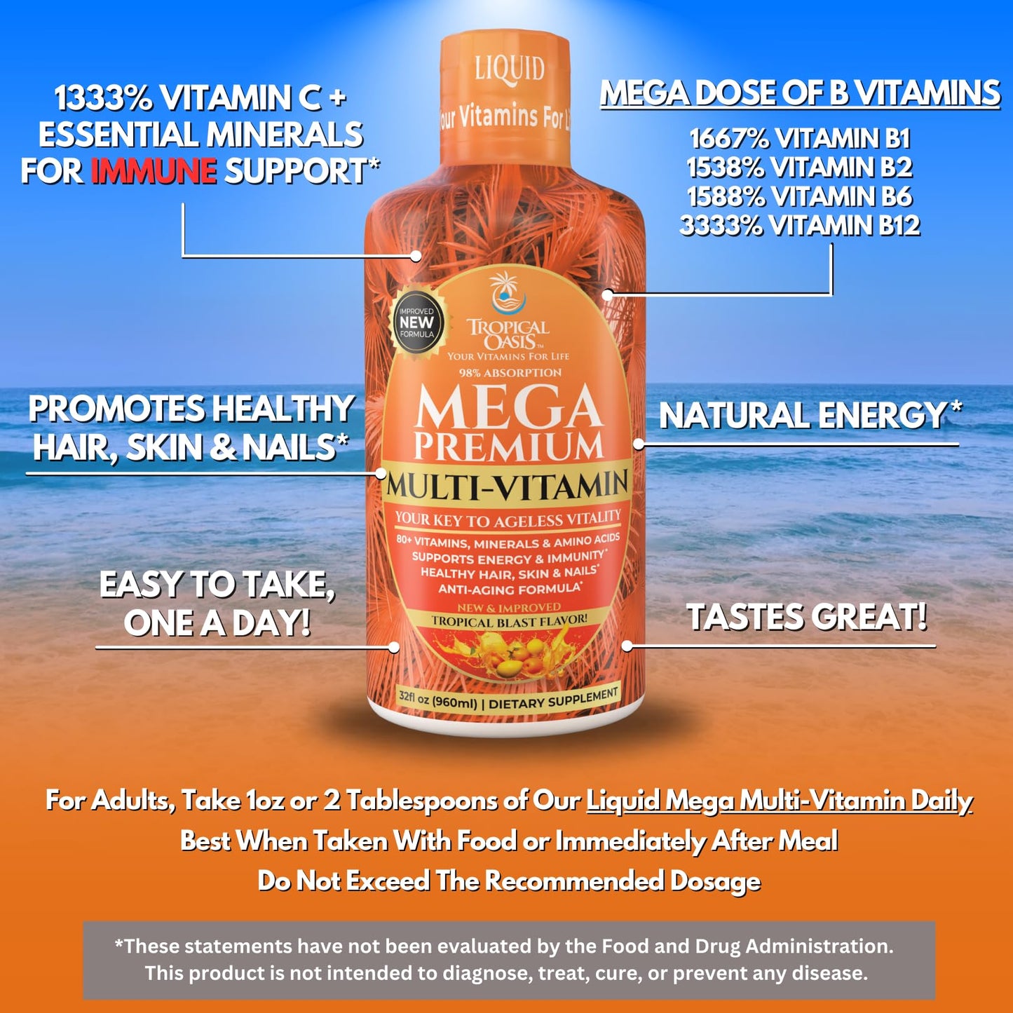 Tropical Oasis Mega Premium Liquid Multivitamin – 1333% Vitamin C, 200% Vitamin D3, Zinc | 32 Servings | Sugar Free | Orange