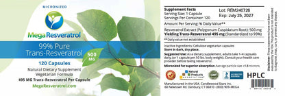 Mega Resveratrol – Pharmaceutical Grade 99% Pure, Micronized Trans-Resveratrol, 500mg Capsule, 120 Veggie Caps