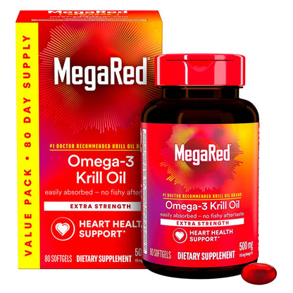 MegaRed Extra Strength Krill Oil 500mg - EPA/DHA, No Fishy Aftertaste | Heart Health, 80 Softgels (2 Pack)