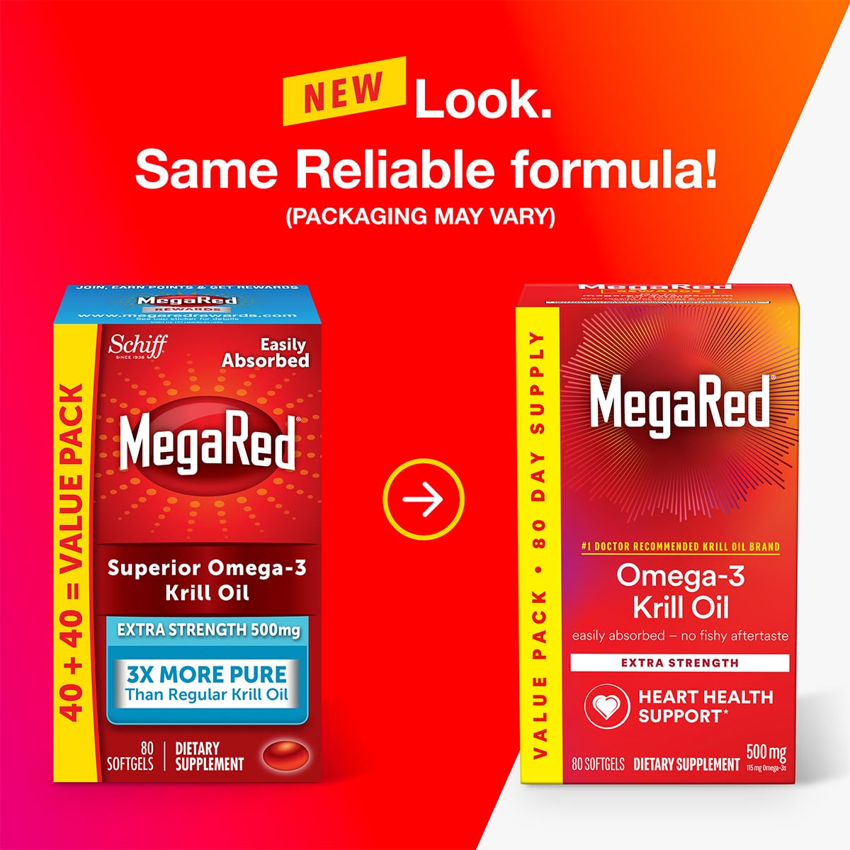 MegaRed Extra Strength Krill Oil 500mg - EPA/DHA, No Fishy Aftertaste | Heart Health, 80 Softgels (2 Pack)