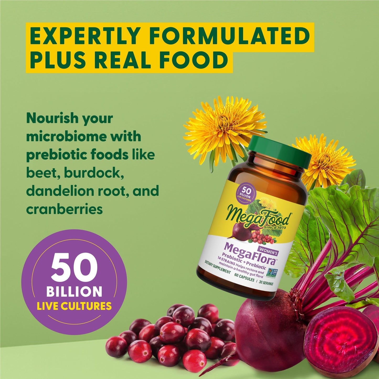 MegaFood MegaFlora Probiotics for Women – 50B CFU, 14 Strains, Cranberry, 90 Veg Capsules