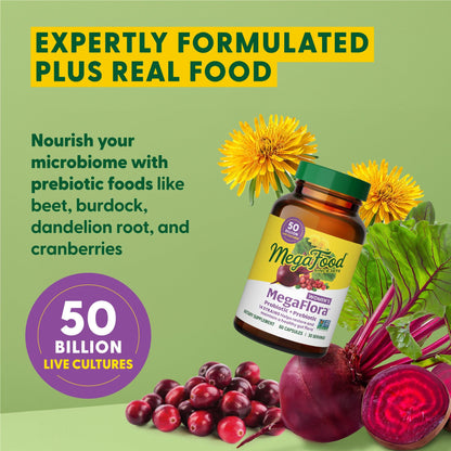 MegaFood MegaFlora Probiotics for Women – 50B CFU, 14 Strains, Cranberry, 90 Veg Capsules