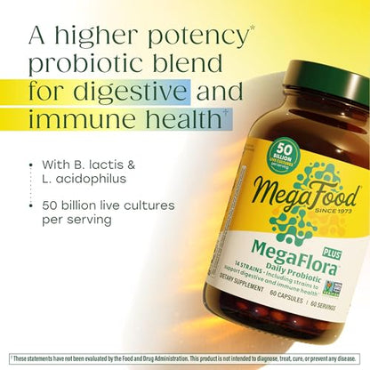 MegaFood MegaFlora Probiotic Plus — 50 Billion CFUs, 14 Strains, Vegetarian, 60 Capsules