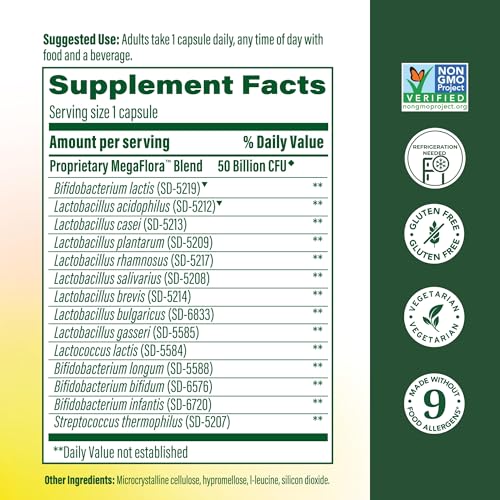 MegaFood MegaFlora Probiotic Plus — 50 Billion CFUs, 14 Strains, Vegetarian, 60 Capsules