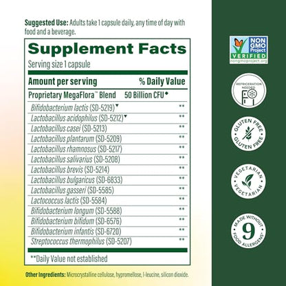 MegaFood MegaFlora Probiotic Plus — 50 Billion CFUs, 14 Strains, Vegetarian, 60 Capsules