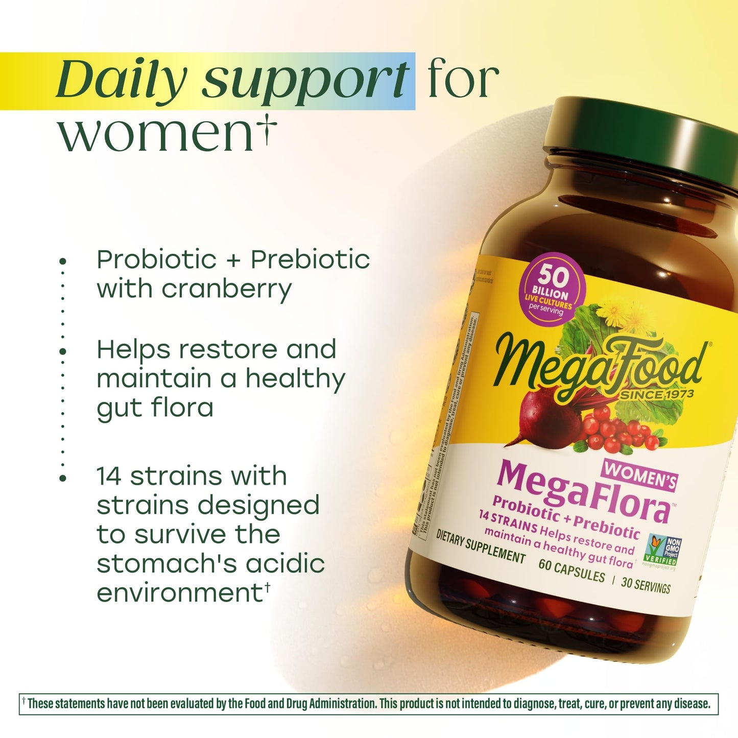 MegaFood MegaFlora Probiotics for Women – 50B CFU, 14 Strains, Cranberry, 90 Veg Capsules