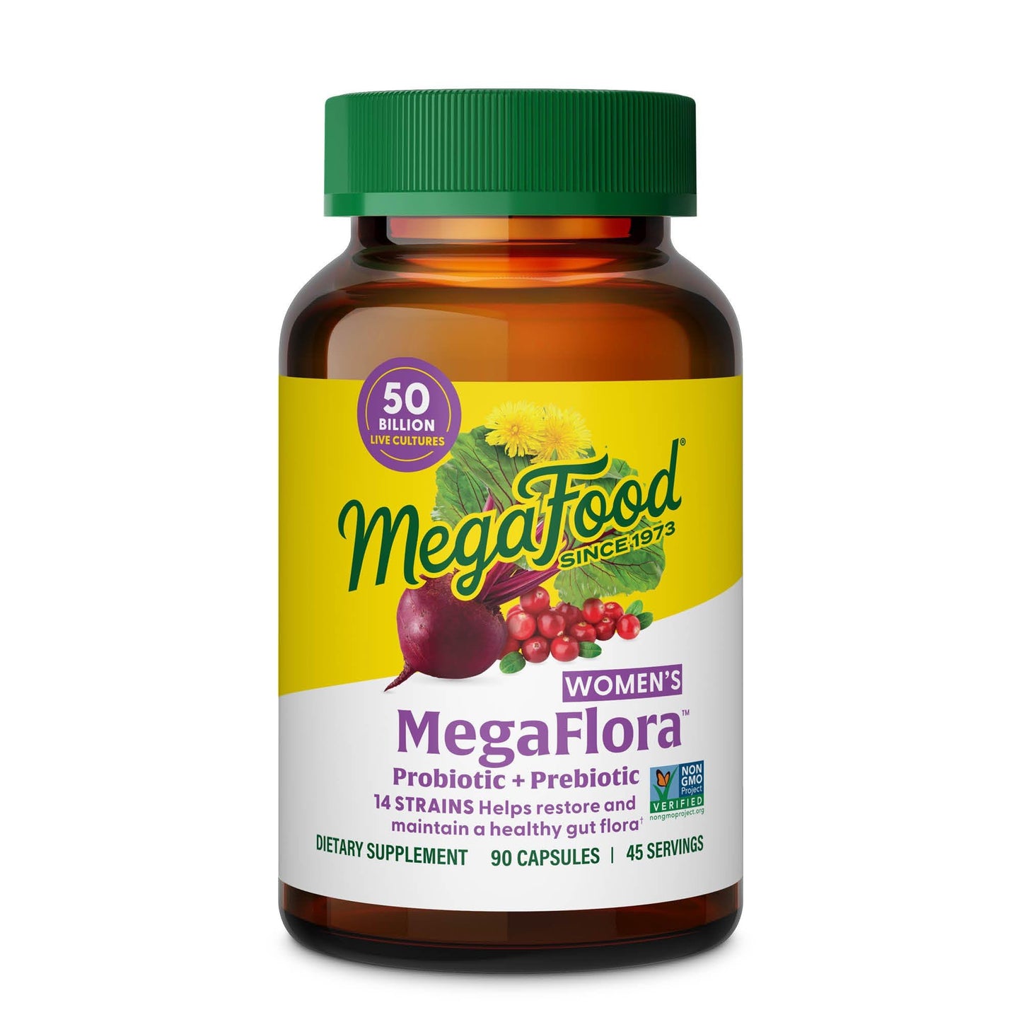 MegaFood MegaFlora Probiotics for Women – 50B CFU, 14 Strains, Cranberry, 90 Veg Capsules