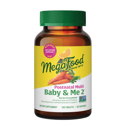 MegaFood Baby & Me 2 Postnatal Vitamins for Breastfeeding – Folate, Choline, Iodine, Vitamin D | 120 Tabs