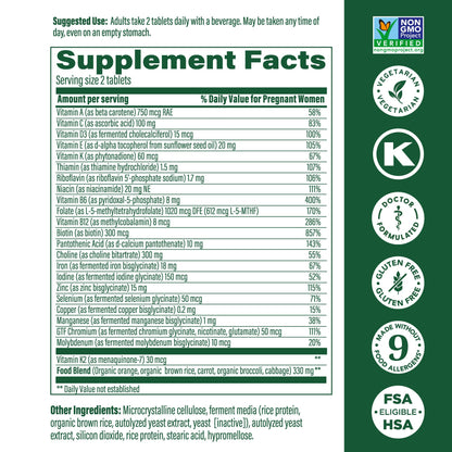 MegaFood Baby & Me 2 Prenatal Vitamin & Minerals – Folate, 2.5x Choline, Iron, Iodine, Vitamin C & D – 60 Tabs (30 Servings)