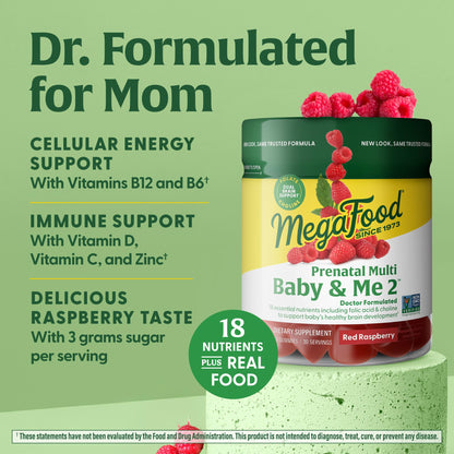 MegaFood Baby & Me 2 Prenatal Gummies – Folic Acid, Choline, Red Raspberry, 60 Gummies