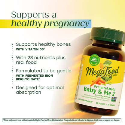 MegaFood Baby & Me 2 Prenatal Vitamins – Folate, Choline, Iron & Vitamin D | 120 Tabs (60 Servings)