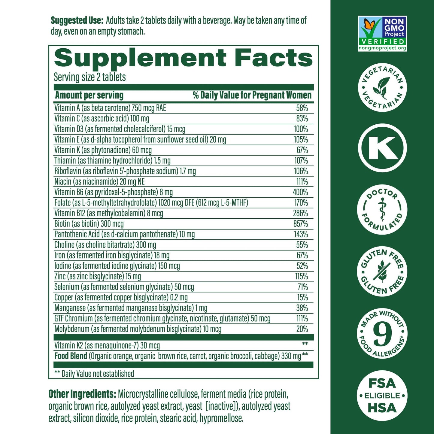 MegaFood Baby & Me 2 Prenatal Vitamins – Folate, Choline, Iron & Vitamin D | 120 Tabs (60 Servings)