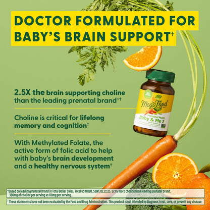 MegaFood Baby & Me 2 Prenatal Vitamins – Folate, Choline, Iron & Vitamin D | 120 Tabs (60 Servings)