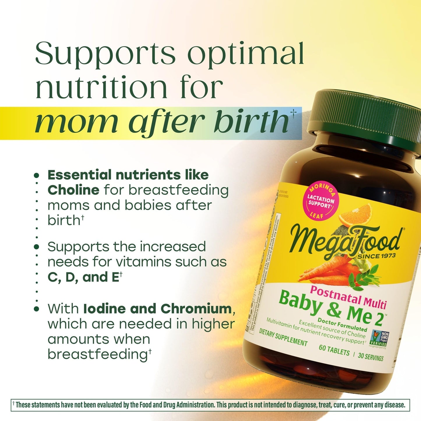MegaFood Baby & Me 2 Postnatal Vitamins for Breastfeeding – Folate, Choline, Iodine, Vitamin D | 120 Tabs