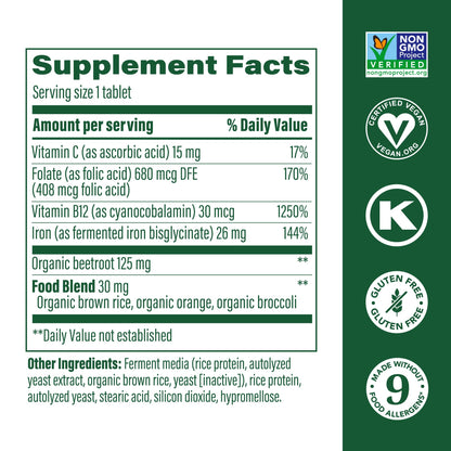 MegaFood Blood Builder Iron Supplement for Women & Men - 180 Tablets - Vegan
