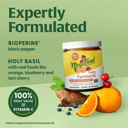 MegaFood Daily Turmeric Nutrient Booster Powder – Vegan Turmeric Supplement with Black Pepper, Tart Cherry & Vitamin C (2 x 2.08 oz)