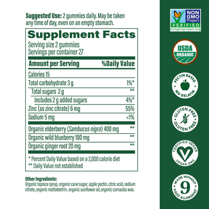Megafood Elderberry Immune Support Gummies - Vegan, Real Food Zinc • USDA Organic & Gluten-Free | 54 Gummies